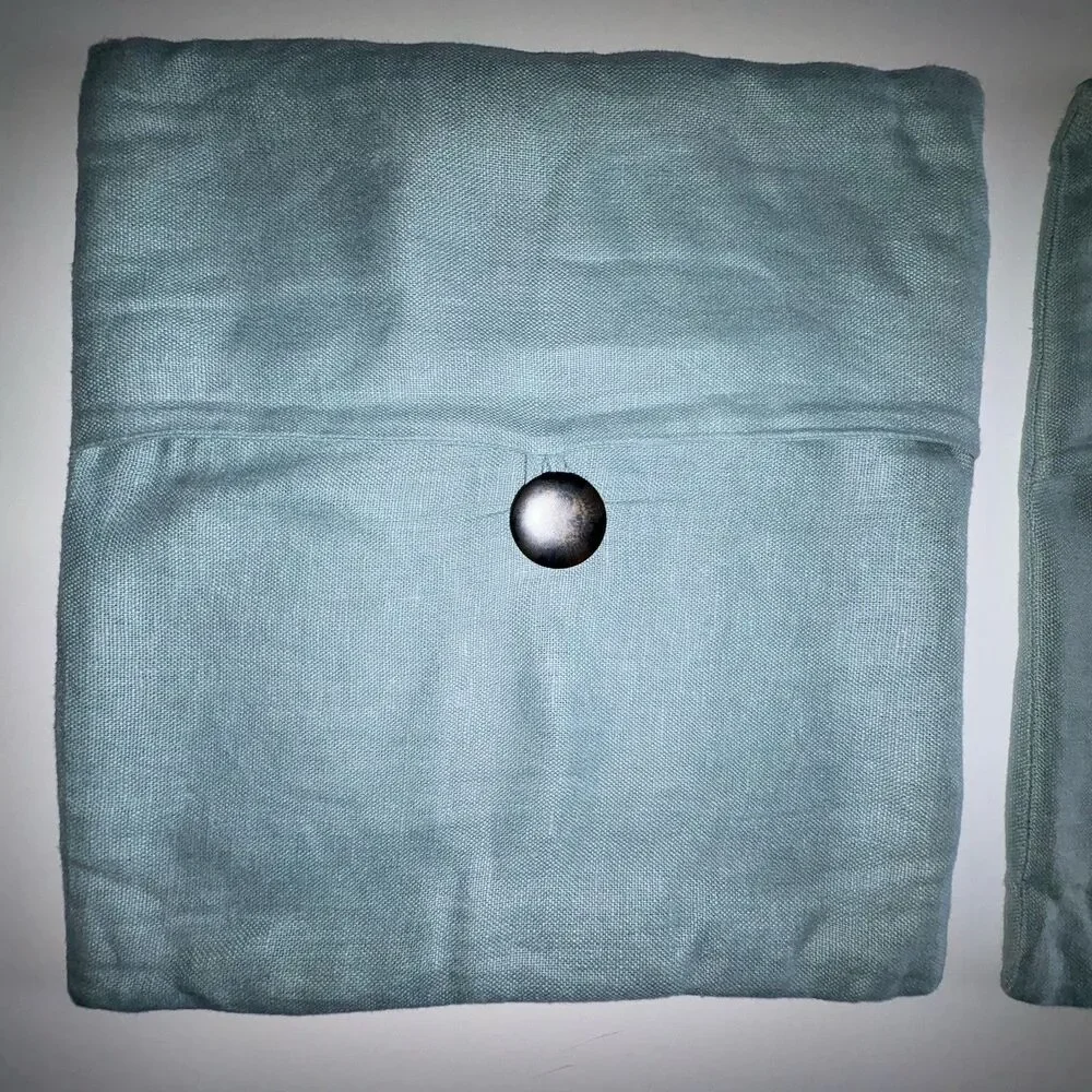 POTTERY BARN Set of 2 Light Blue Linen Throw Pillow Covers Wood Button 18x18”